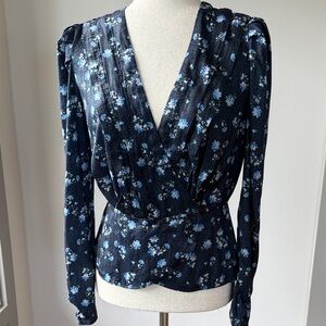 Free People Navy Floral Wrap Blouse
